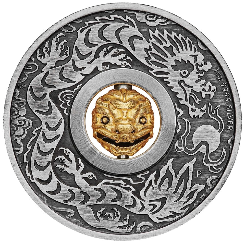 Perth Mint Year of the Dragon Rotating Charm 2024 1 oz Silver Antiqued Coin