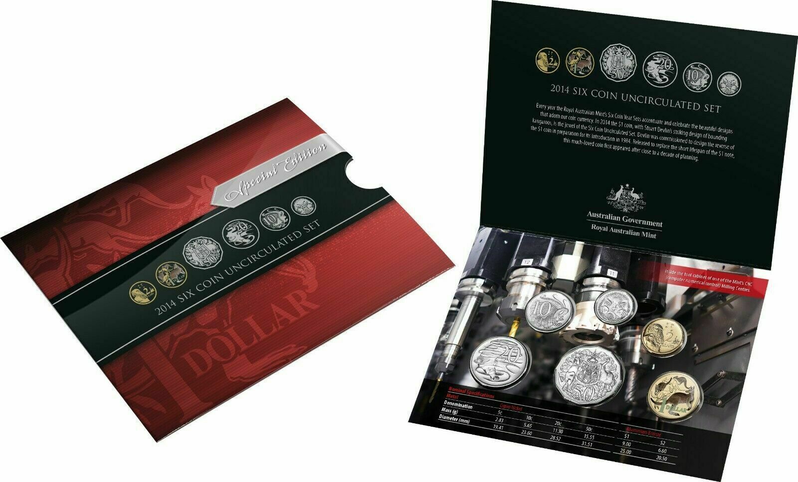 Royal Australian Mint 2014 6 Coin UNC Mint Set - Special Coloured $1 Coin