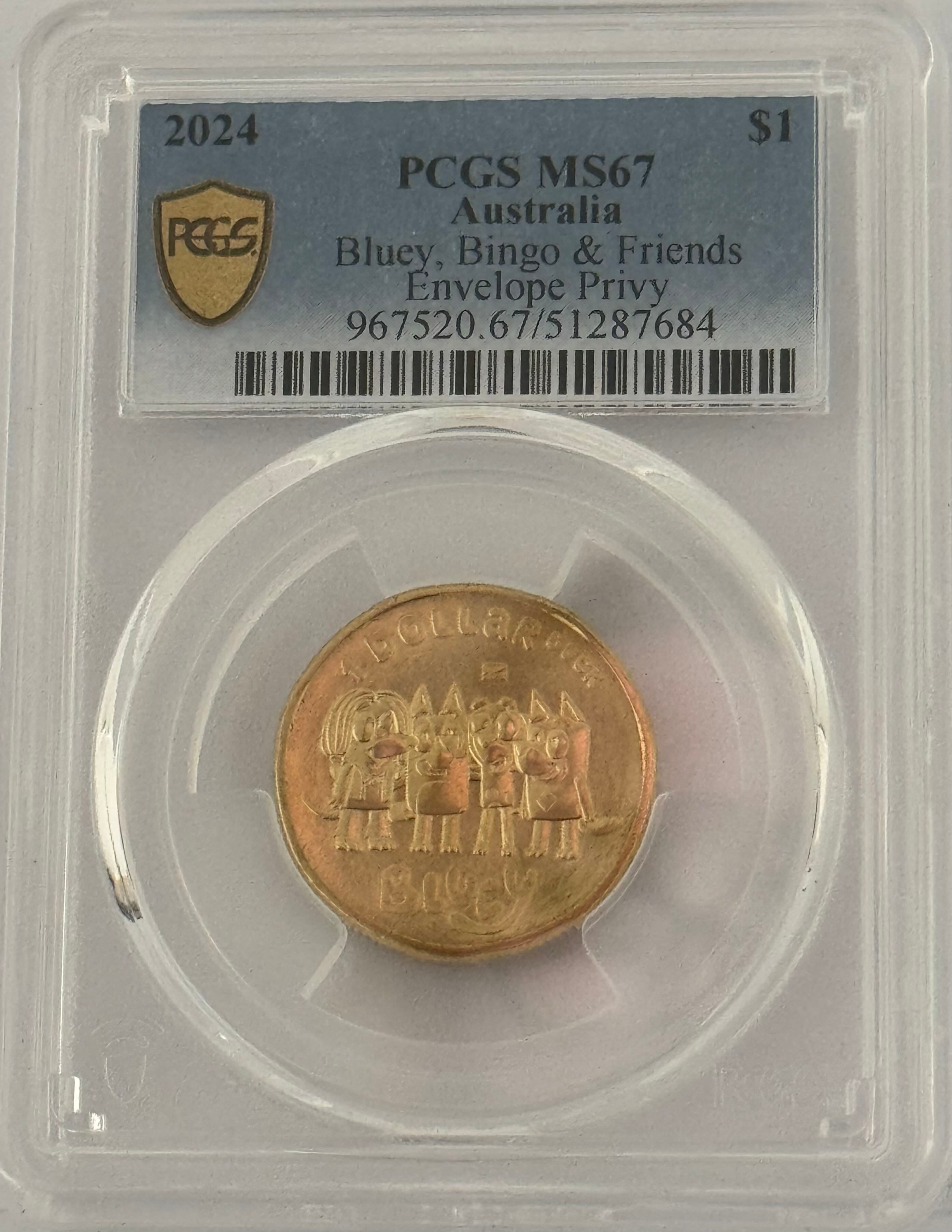 Royal Australian Mint 2024 $1 Bluey, Bingo & Friends Envelope Privy PCGS MS67