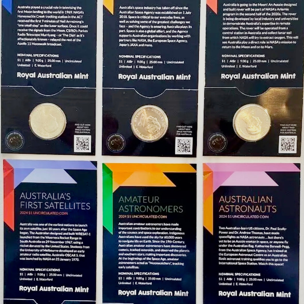 Royal Australian Mint 2024 Out of This World Australia in Space C Mintmark $1 King Charles III Counterstamp UNC Set of Six coins