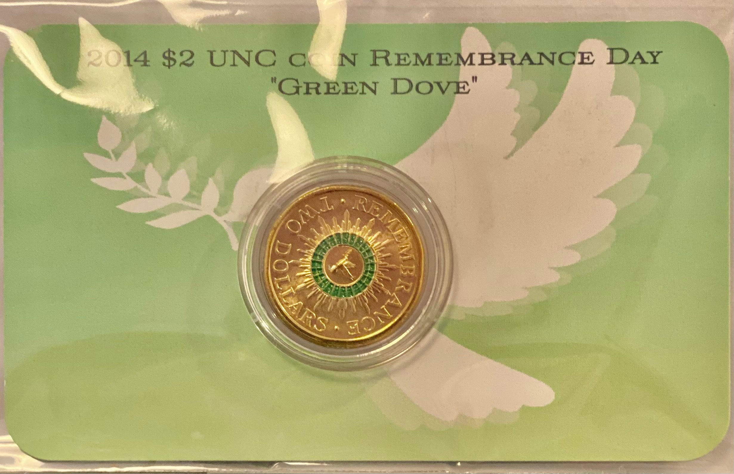 2014 Remembrance Day Green Dove Coloured UNC Coin in Card