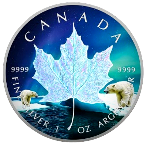 2024 1 oz Silver Canada Maple Leaf Polar Bear & Northern Lights Holographic Coin