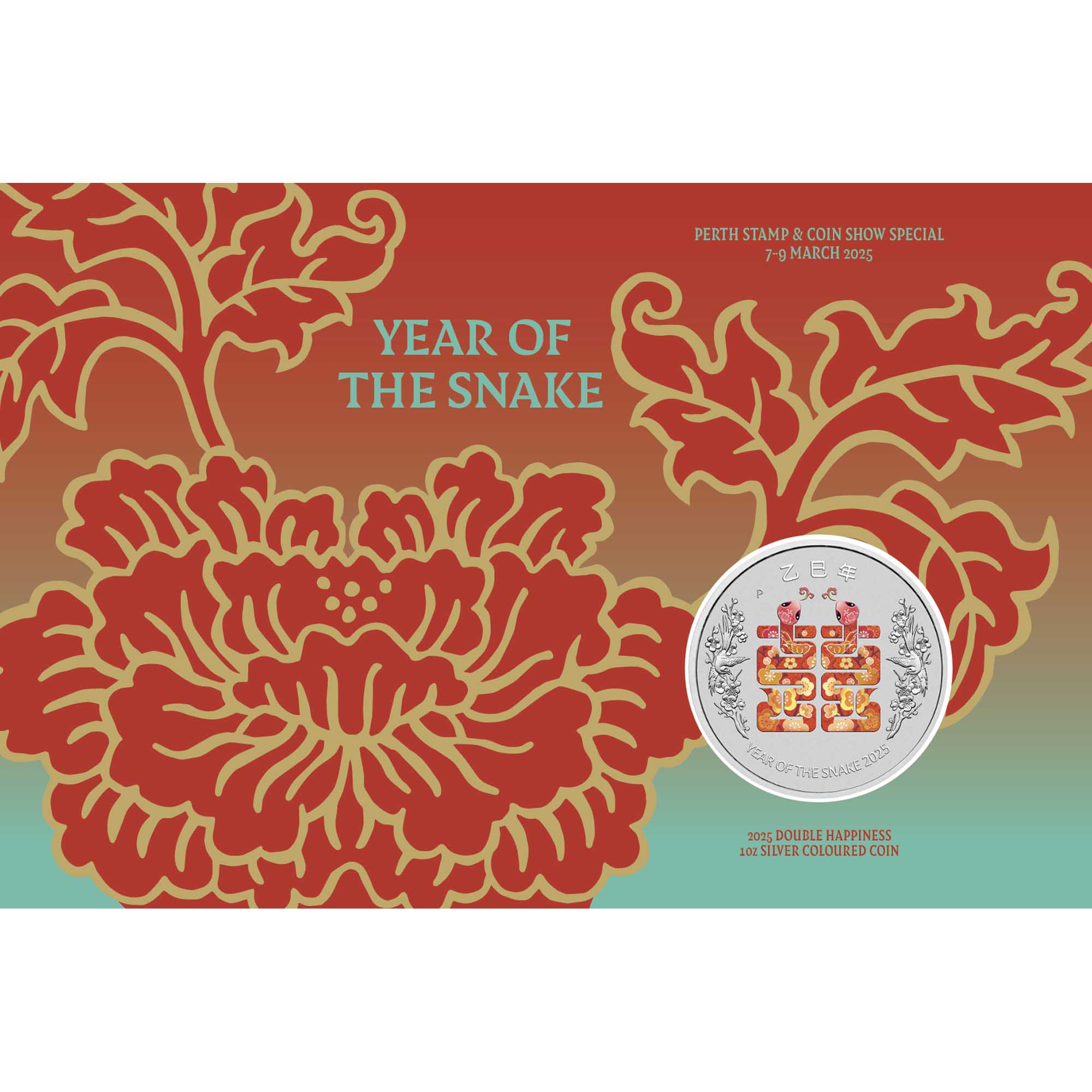 Perth Mint 2025 Perth Coin and Stamp Show Special Year of the Snake Double Happy 1 oz Silver Coloured Coin in Card