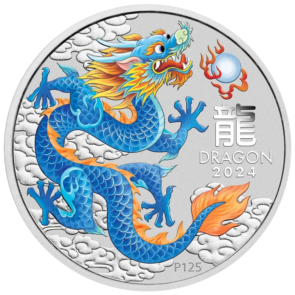 Perth Mint Perth Stamp and Coin Show Special Australian Lunar Series III 2024 Year of the Dragon 1oz Silver Blue Coloured Coin in Card