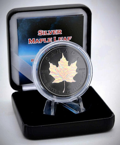 2023 $5 1 oz Antiqued Silver Canada Maple Leaf Black Holographic Edition Coin