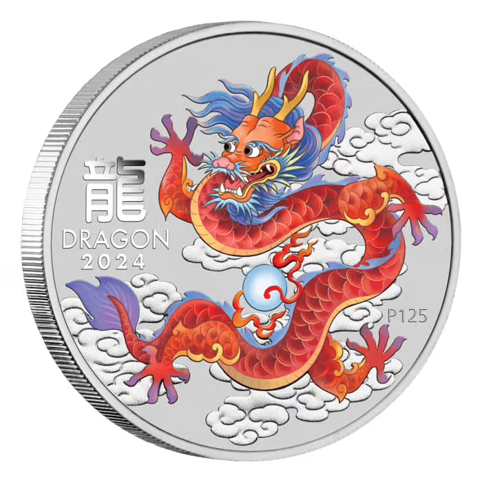 Perth Mint Lunar Series III Year of the Dragon 2024 Red Dragon 1oz Silver Coloured Bullion Coin