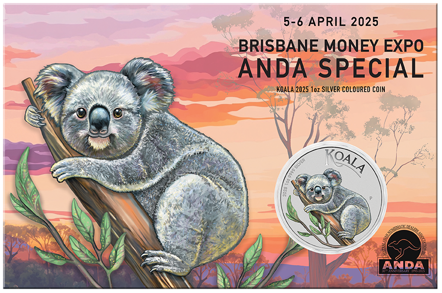 Perth Mint 2025 $1 Australian Koala - Brisbane Money Expo ANDA Special 1 oz Silver Coloured Coin in Card