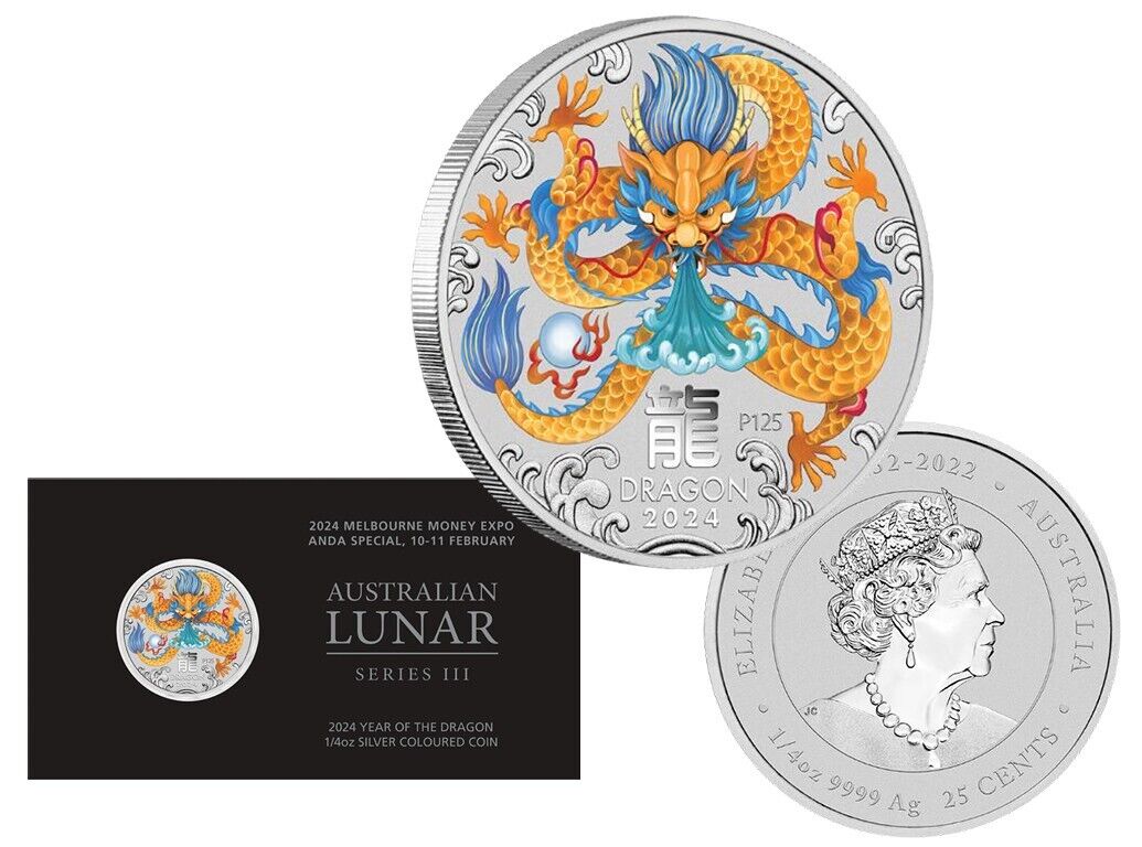 Perth Mint Lunar Series III Year of the Dragon 2024 1/4 oz Silver Coloured Bullion Coin- Melbourne Money Expo ANDA Special in Card