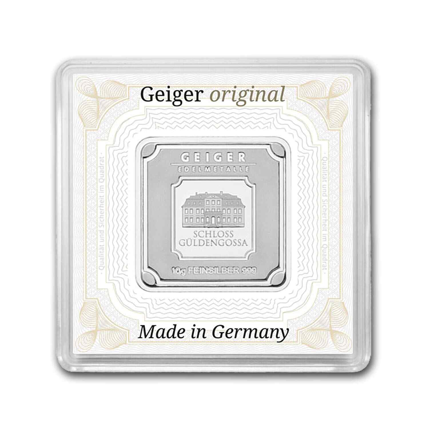 Geiger Original Schloss Guldengossa 10 gm Silver Square Minted Bar in Capsule