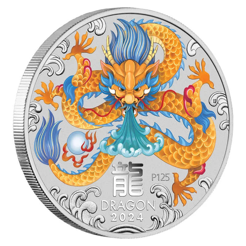 Perth Mint Lunar Series III Year of the Dragon 2024 2 oz Silver Coloured Bullion Coin
