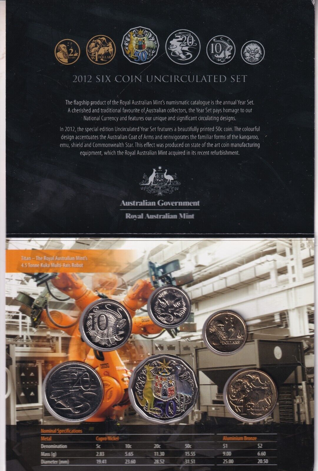 Royal Australian Mint 2012 6 Coin UNC Mint Set - Special Coloured 50c Coin