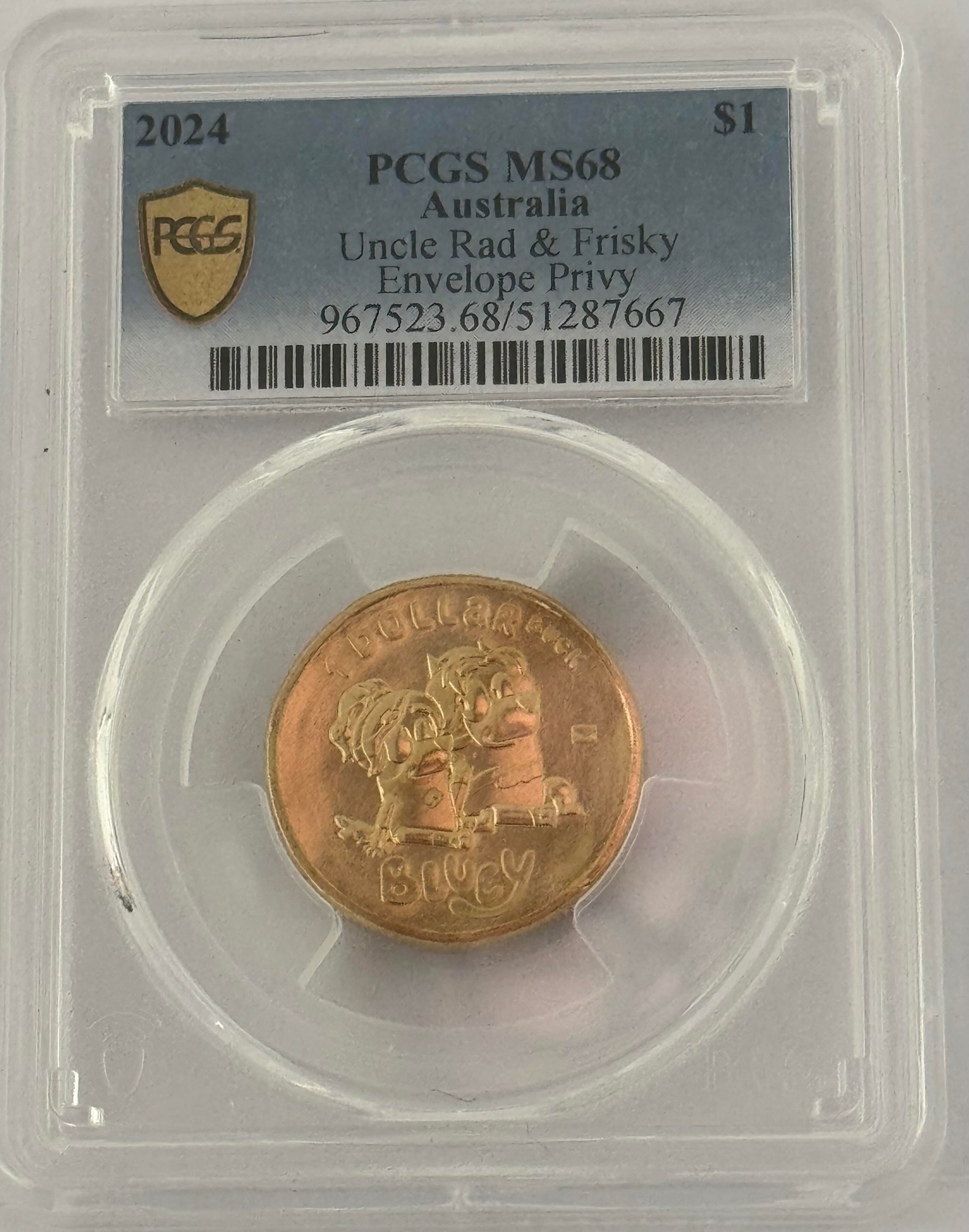 Royal Australian Mint 2024 $1 Uncle Rad and Frisky Envelope Privy PCGS MS68