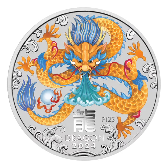 Perth Mint Lunar Series III Year of the Dragon 2024 2 oz Silver Coloured Bullion Coin