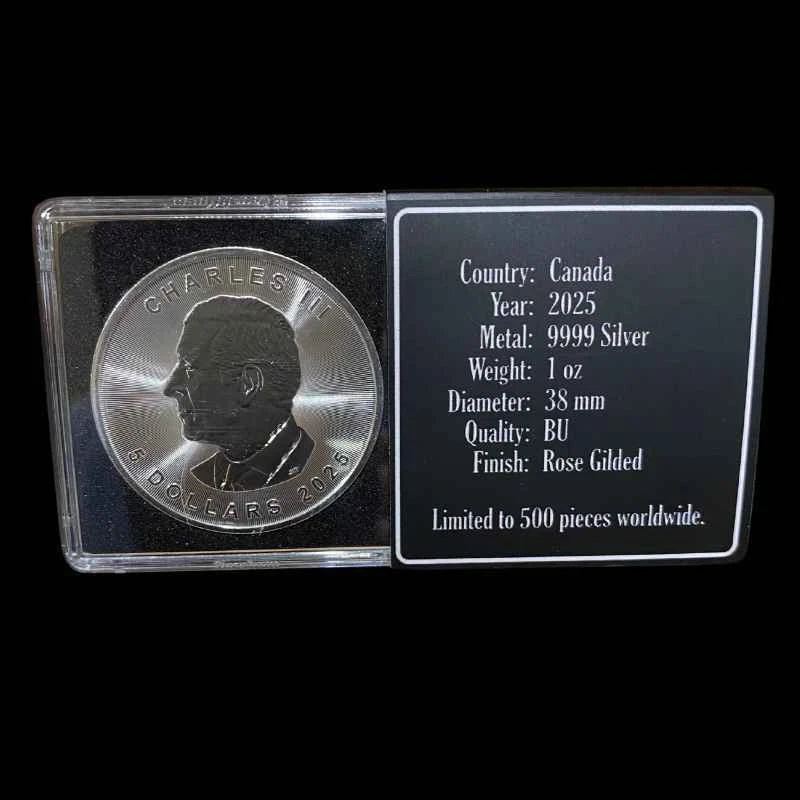 2025 Canadian Maple Leaf Rose Gold Spot Plating 1 oz Coloured Silver Coin