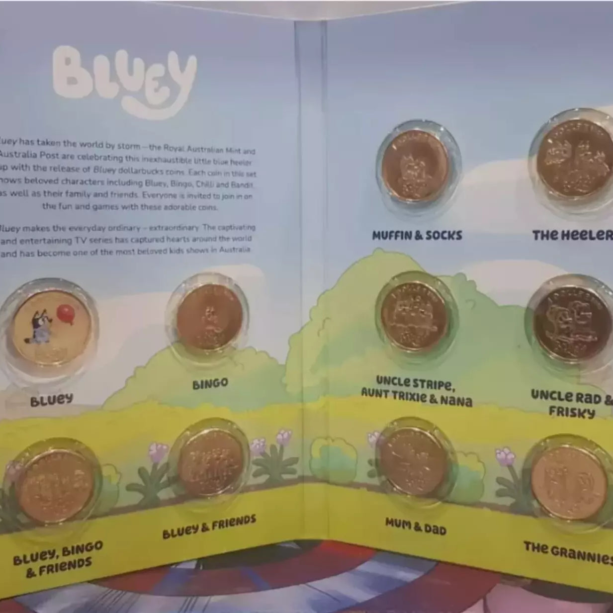 Royal Australian Mint 10 Coin Bluey Set with Coloured Bluey Buck $1 Coin