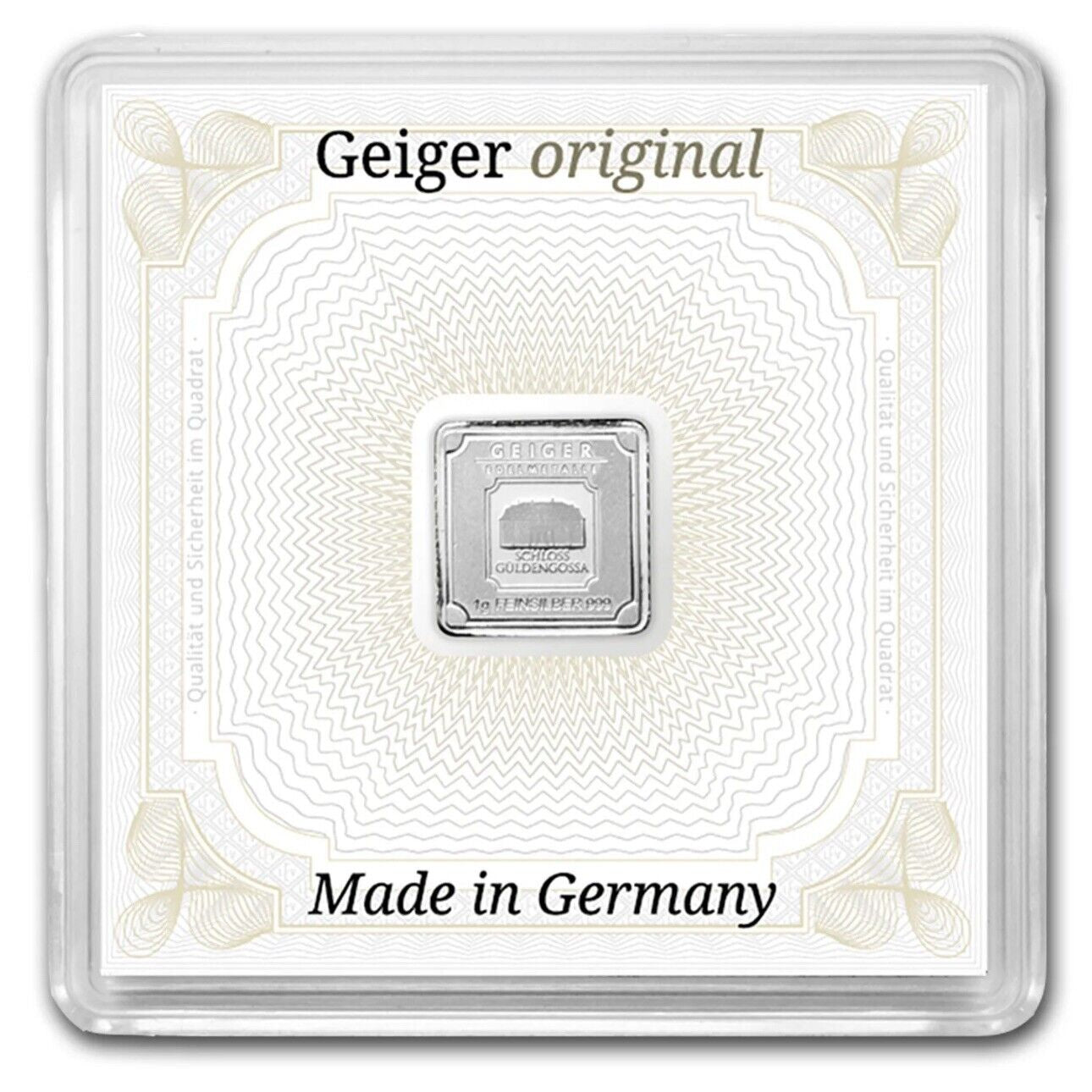 Geiger Original Schloss Guldengossa 1 gm Silver Square Minted Bar in Capsule