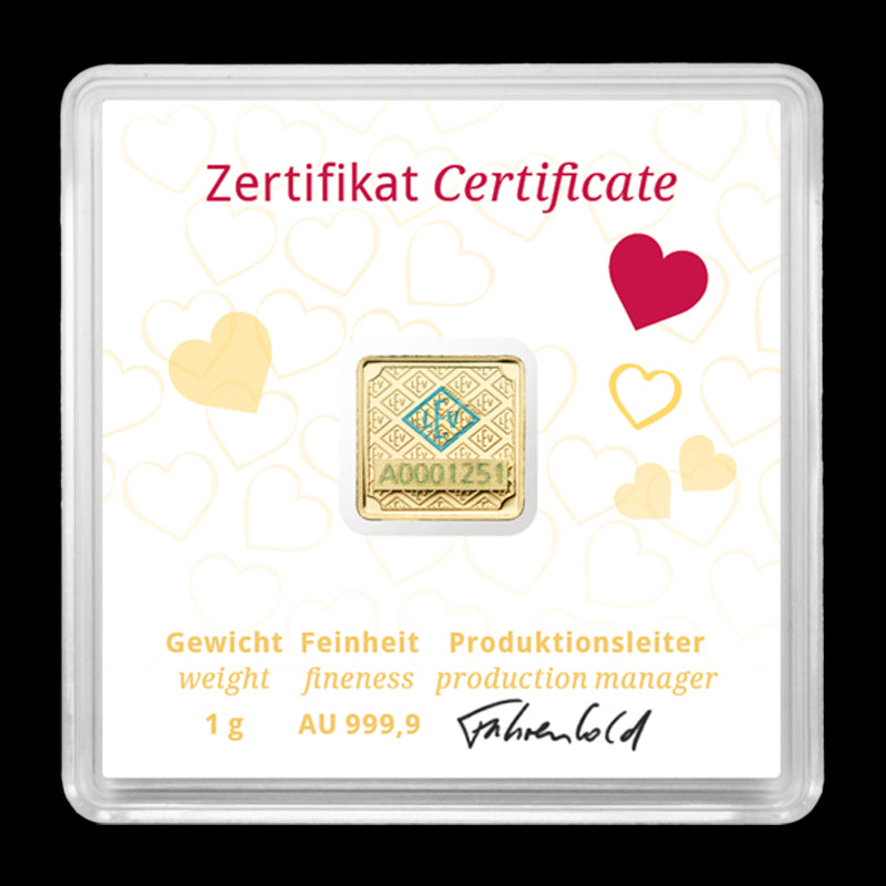 Geiger Love Edition 1 gm Gold Square Minted Bar in Capsule