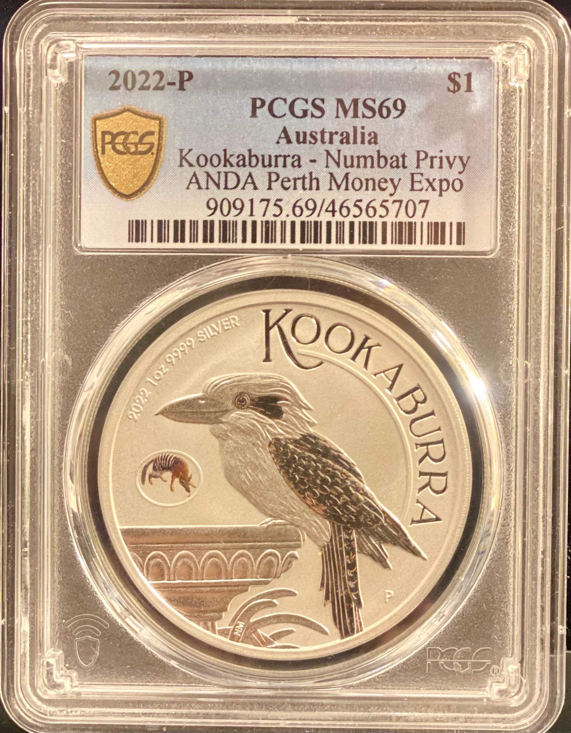 Perth Mint 2022-P 1 oz Silver PCGS MS69 Kookaburra - Numbat Privy ANDA Perth Money Expo