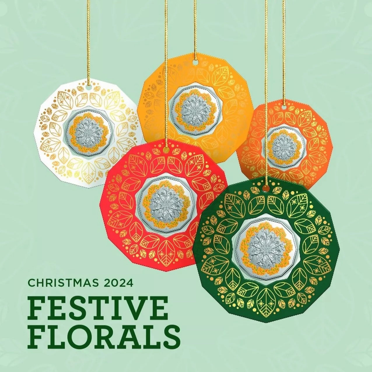 Royal Australian Mint 2024 Set of 5 50c Christmas Decorations UNC Coloured Coins