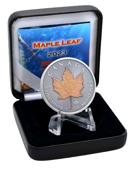 2023 $5 Maple Leaf 1 oz Antiqued Silver Red Gold Treasure Edition Coin