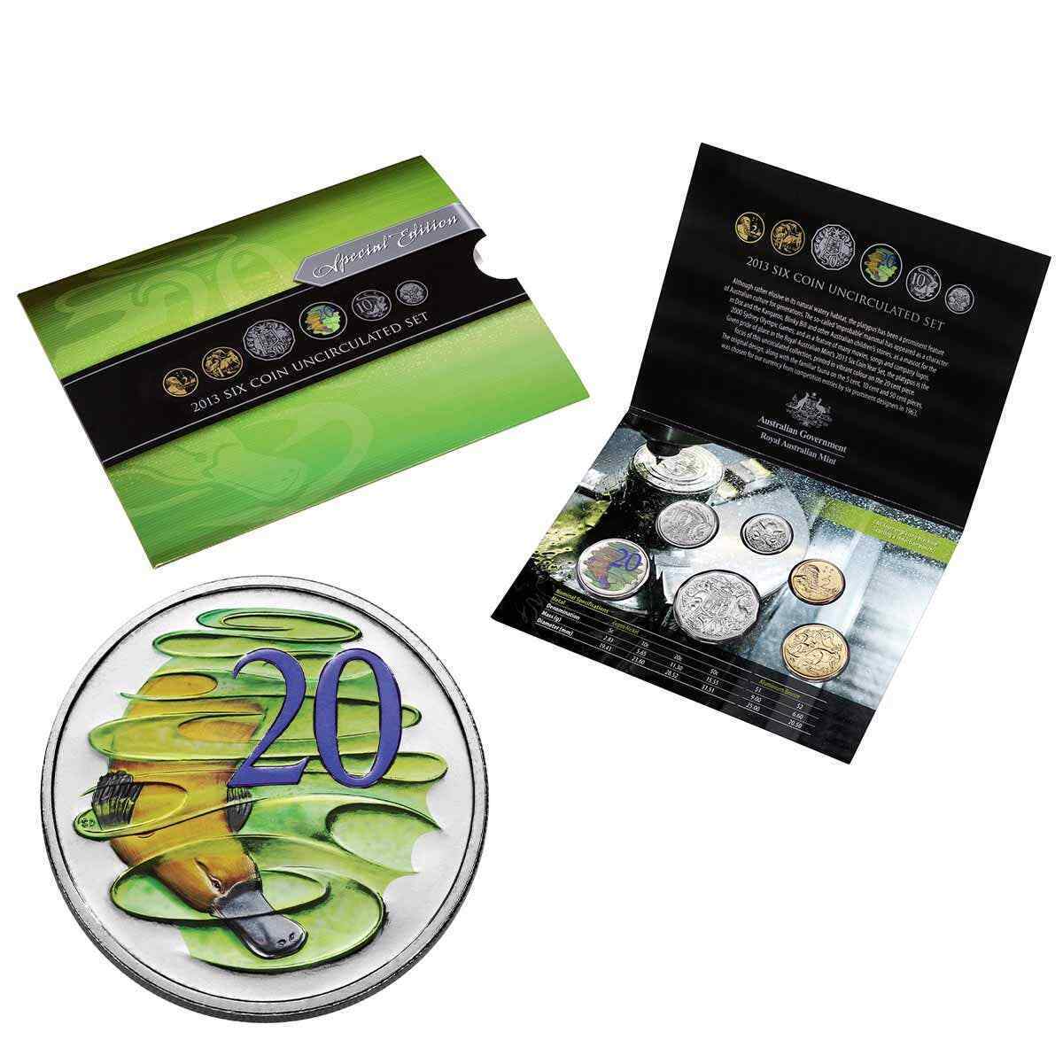 Royal Australian Mint 2013 6 Coin UNC Mint Set - Special Hyper Metallic Coloured 20c Coin