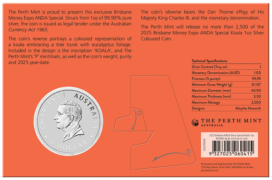 Perth Mint 2025 $1 Australian Koala - Brisbane Money Expo ANDA Special 1 oz Silver Coloured Coin in Card