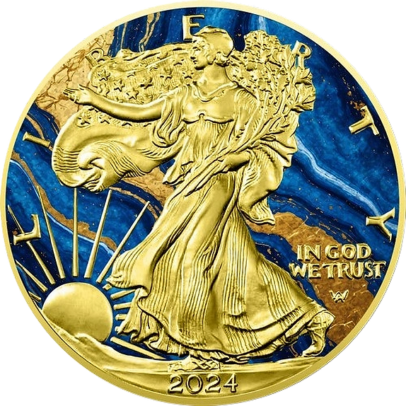 2024 Golden Blue Marble Metal Stones Walking Liberty 1oz Silver Coin