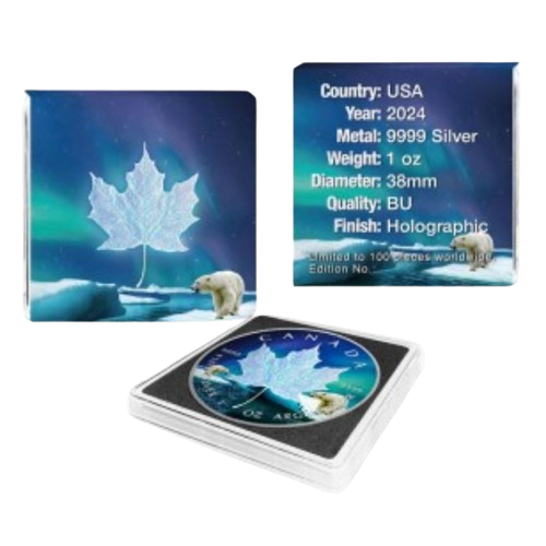 2024 1 oz Silver Canada Maple Leaf Polar Bear & Northern Lights Holographic Coin