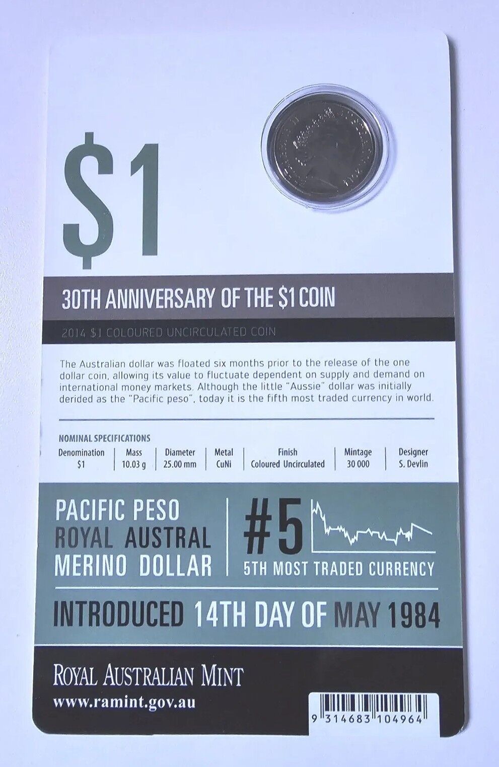 Royal Australian Mint 2014 30th Anniversary of the $1 Coloured Uncirculated Coin