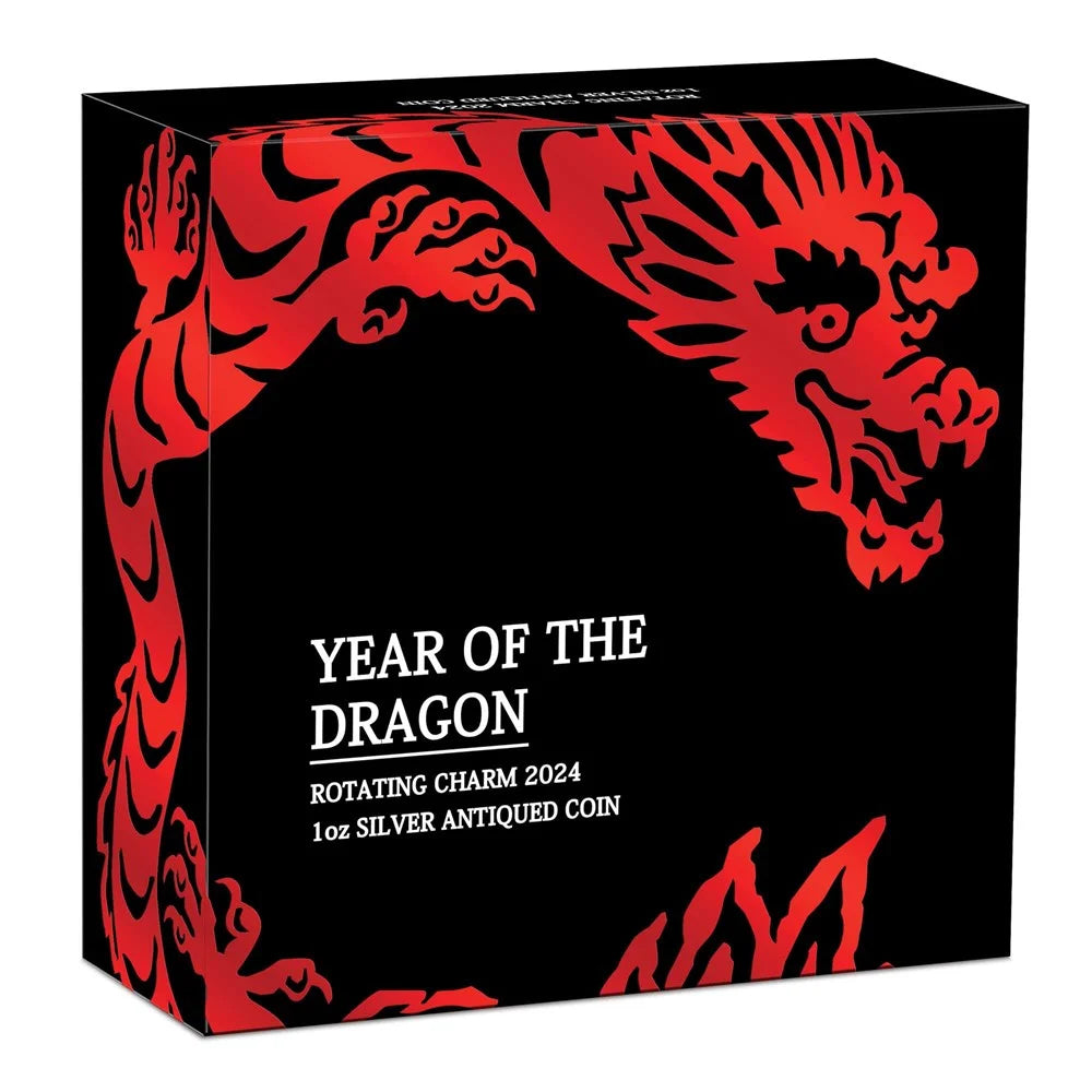 Perth Mint Year of the Dragon Rotating Charm 2024 1 oz Silver Antiqued Coin