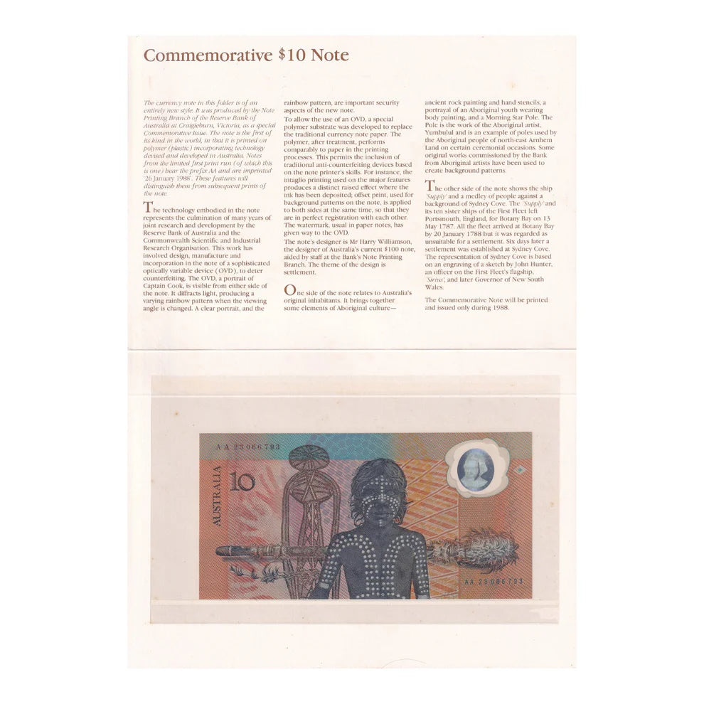 1988 Commemorative Bicentenary $10 UNC Banknote, Johnston/Fraser In NPA Folder