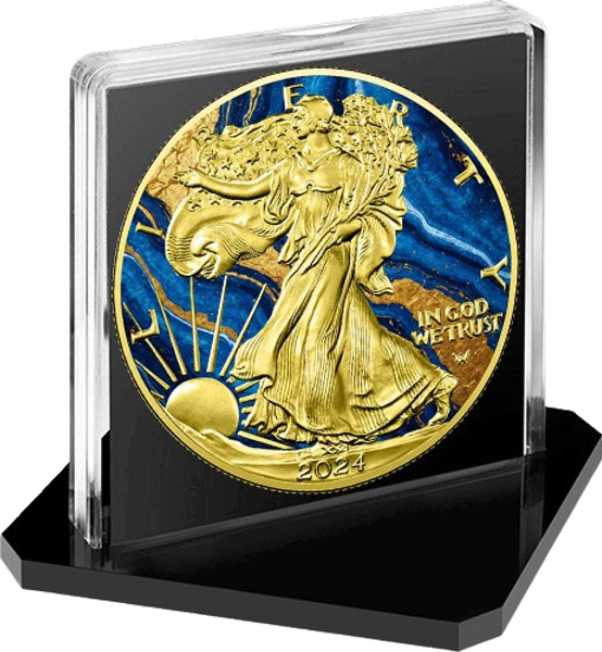2024 Golden Blue Marble Metal Stones Walking Liberty 1oz Silver Coin