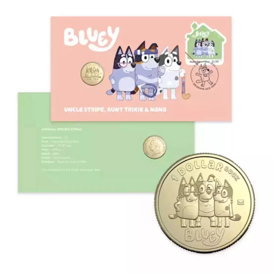 Royal Australian Mint 2024 Bluey Bucks Uncle Stripe, Aunt Trixie and Nana $1 PNC