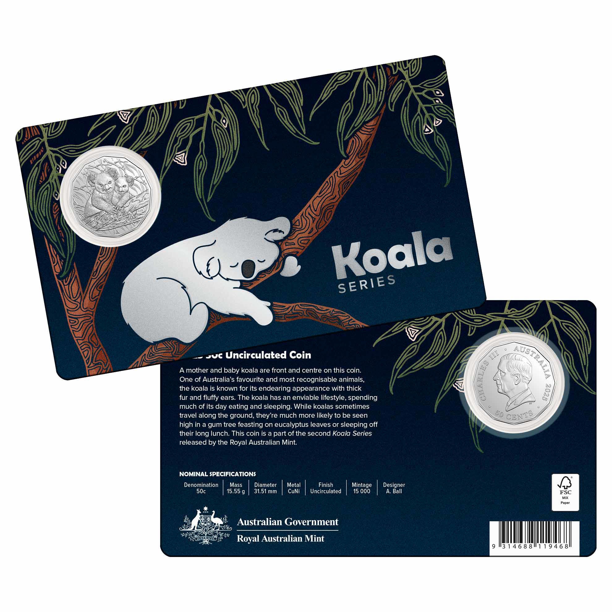 Royal Australian Mint 2025 50c Koala Series UNC Coin in Card