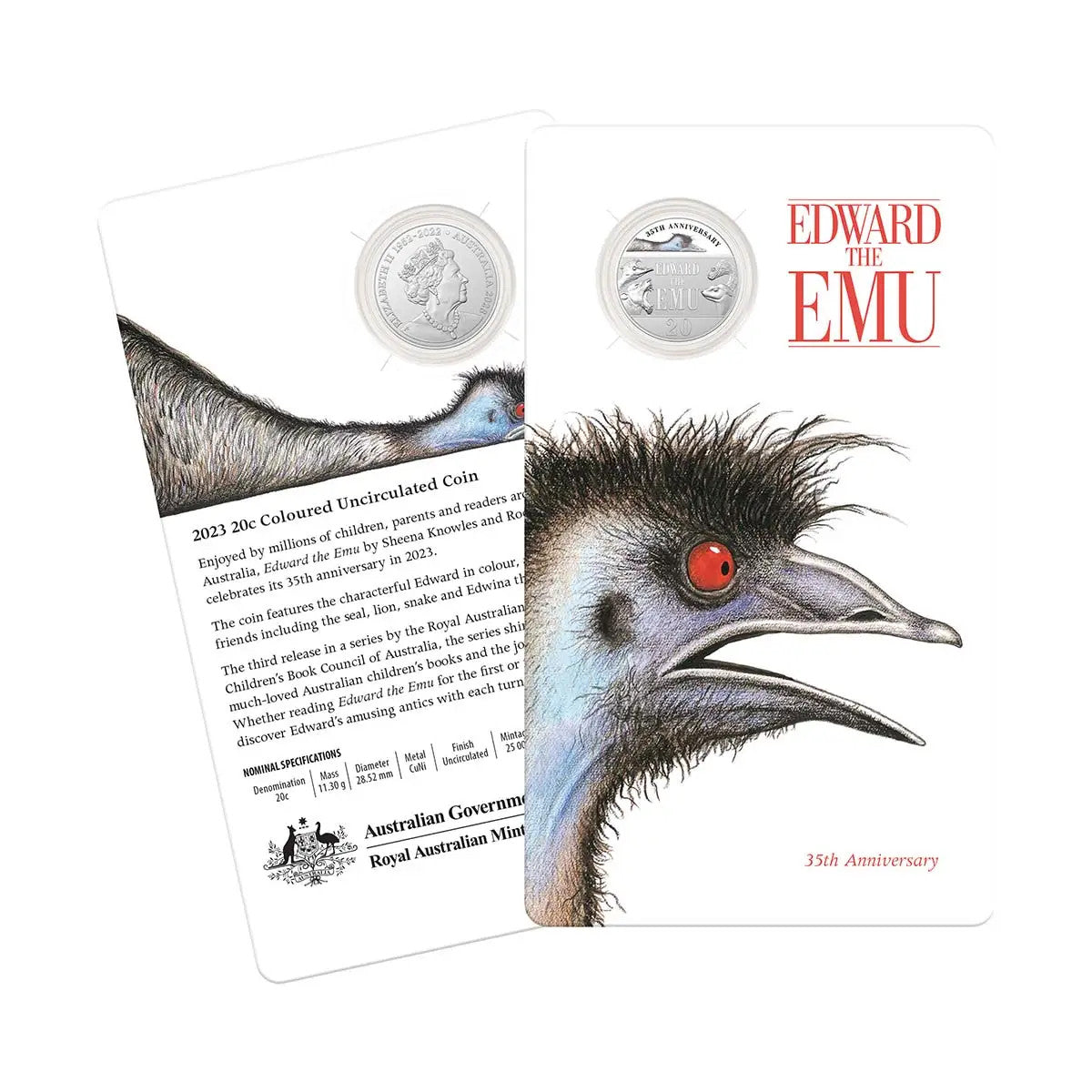 Royal Australian Mint Edward the Emu 35th Anniversary 20c Colour UNC Coin