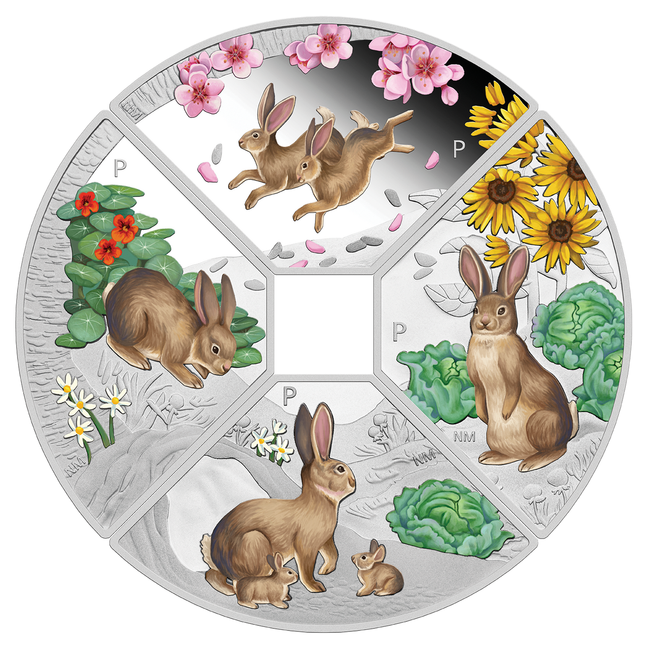 2023 Chinese Lunar Rabbit Quadrant 1 oz 99.99% Silver Proof Coloured 4 Coin Set