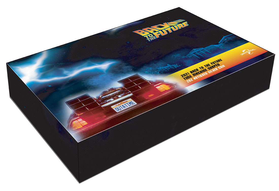 2021 Back to the Future DeLorean Time Machine Shaped 2oz Antiqued Silver Coin
