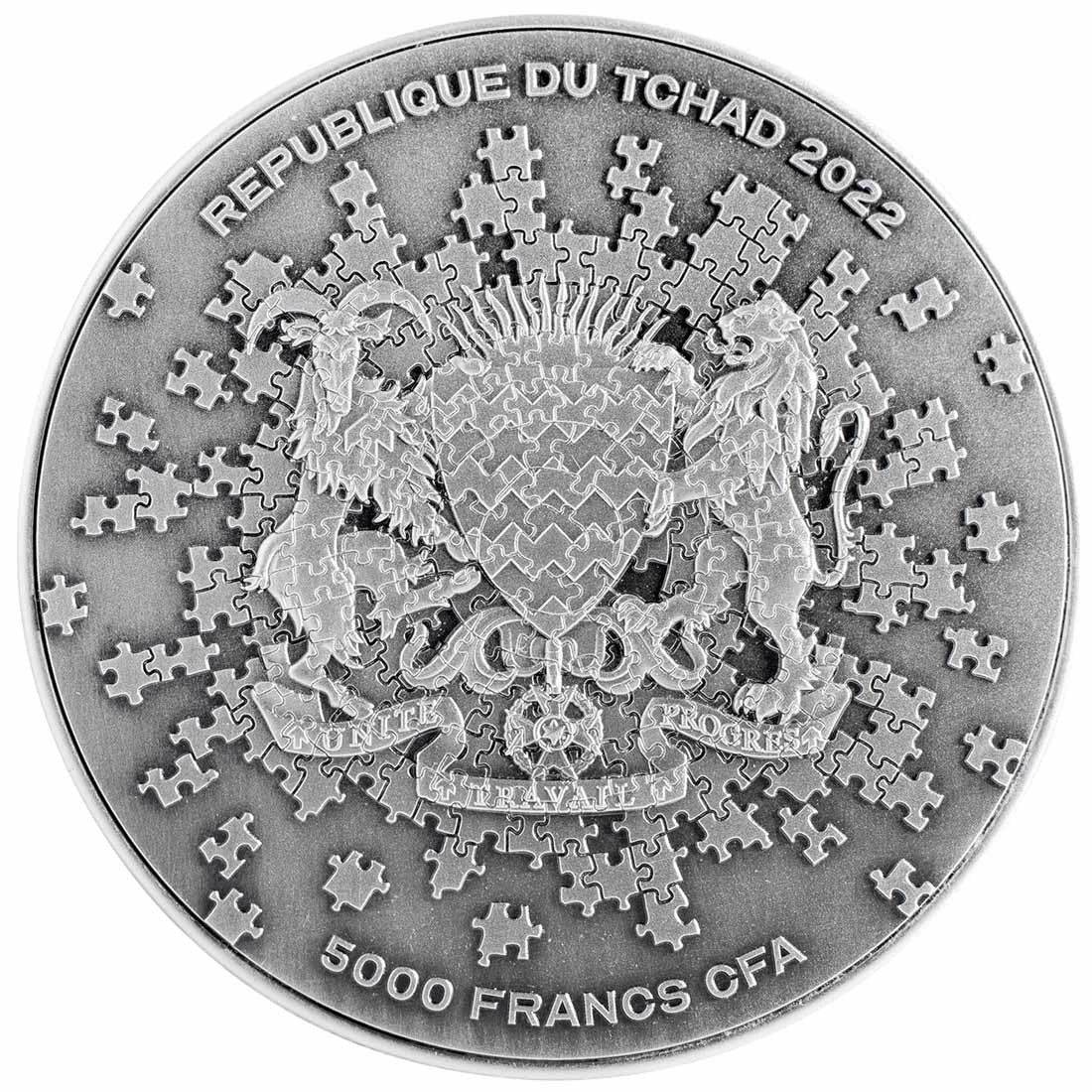 2022 1oz Chad Earth Puzzle .999 Silver Coloured Antiqued