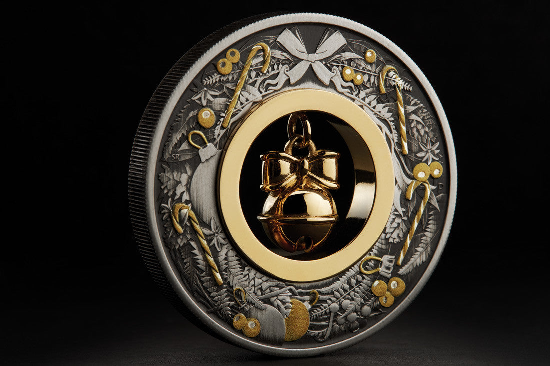 Christmas Jingle Bell 2022 2oz Silver Antiqued Coloured Coin