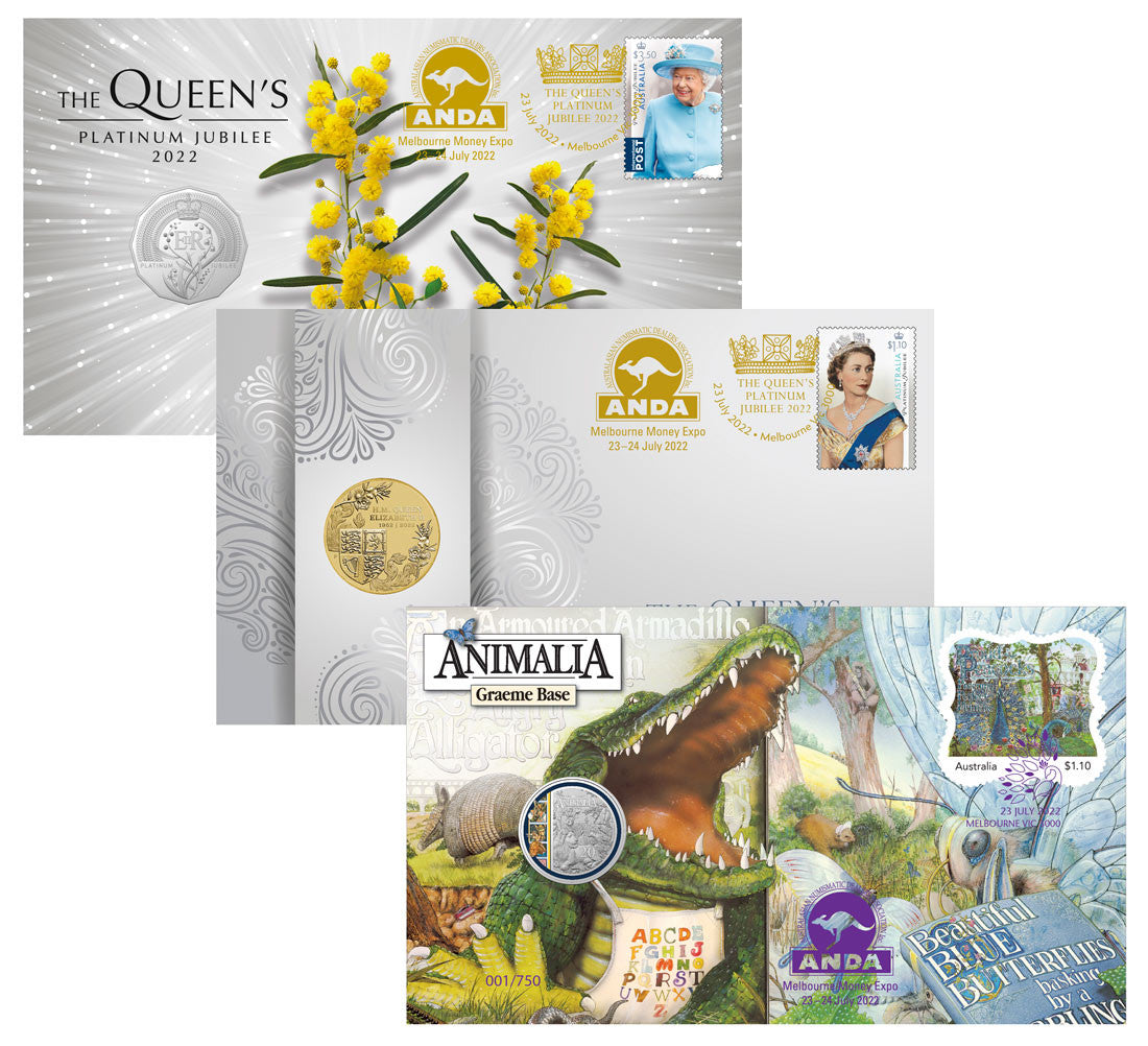 Queen's Platinum Jubilee (Perth Mint), Queen's Platinum Jubilee (RAM) & Animalia - PNC Trio (matching numbers) - 2022 ANDA Melbourne Money Expo