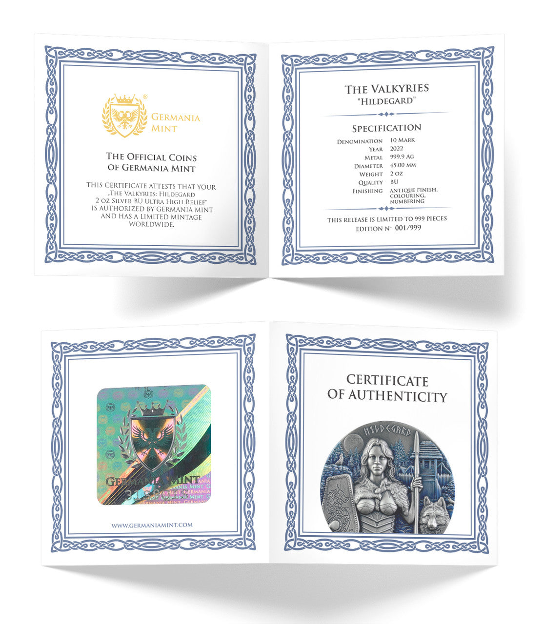 2022 Germania Mint 2oz .9999 Silver BU Ultra High Relief Coin - Valkyries: Hildegard