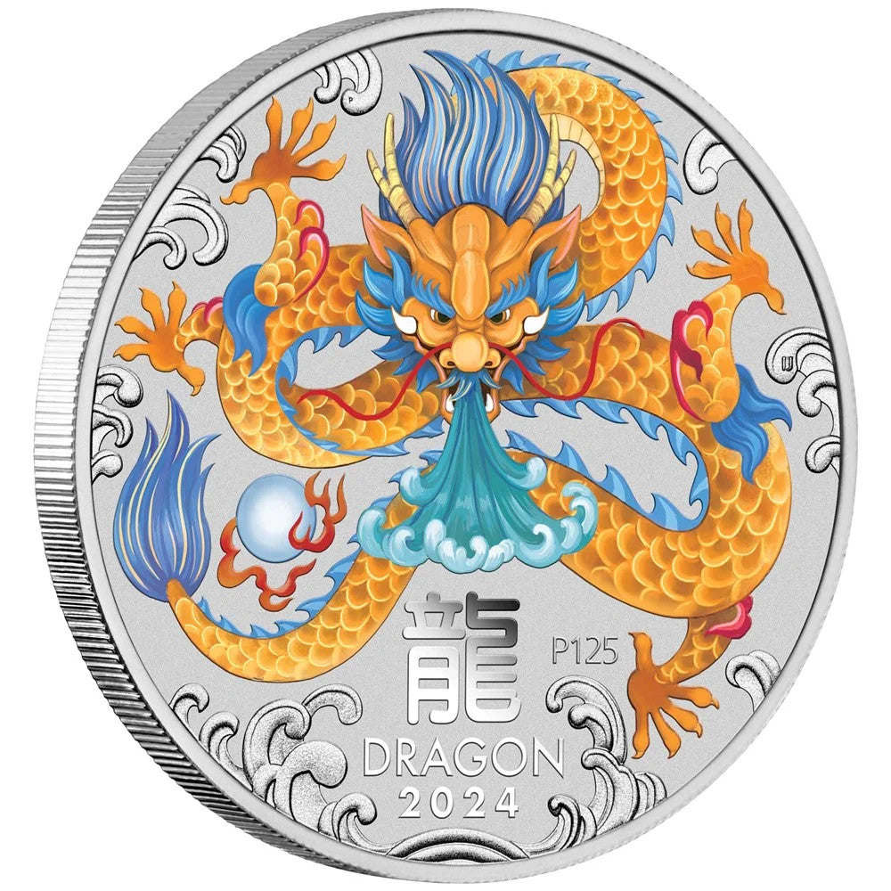 Perth Mint Australian Lunar III Dragon 2024 1 oz Silver  Bullion Coloured Coin in Card