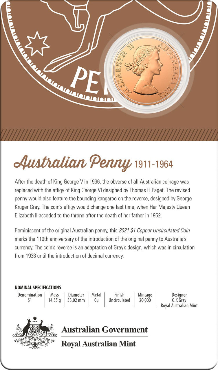 2021 $1 Copper Uncirculated Coin - 110th Anniversary of Penny - George Kruger Gray