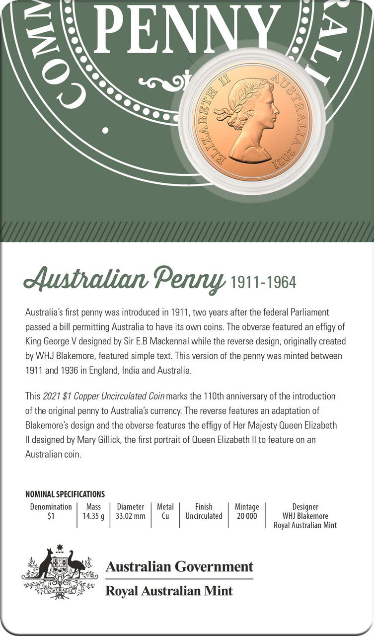 2021 $1 Copper Uncirculated Coin -110th Anniversary of Penny - WHJ Blakemore