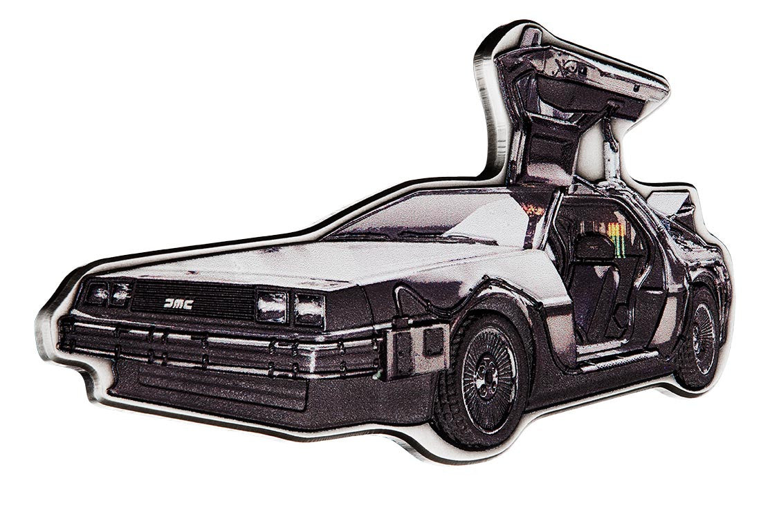 2021 Back to the Future DeLorean Time Machine Shaped 2oz Antiqued Silver Coin