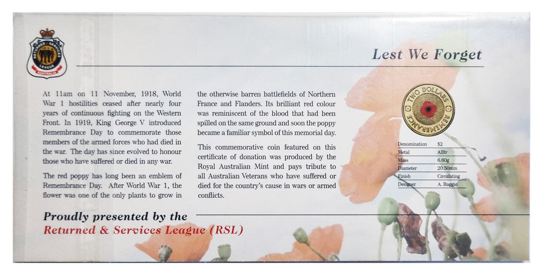 Remembrance Day 2012 $2 Red Poppy Coin on RLS Card