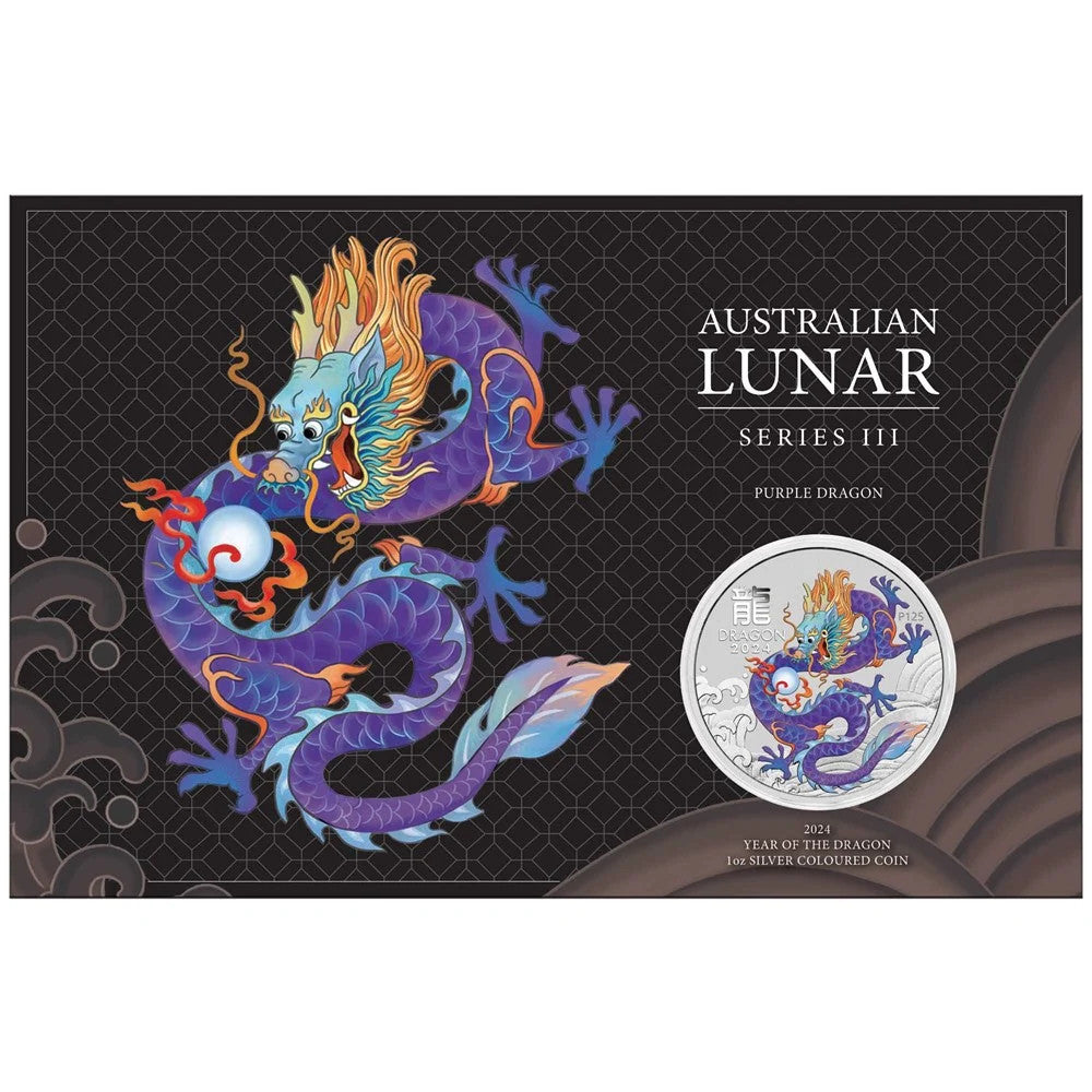 Perth Mint Australian Year of the Dragon 2024 1 oz Silver Purple Bullion Coin in Card