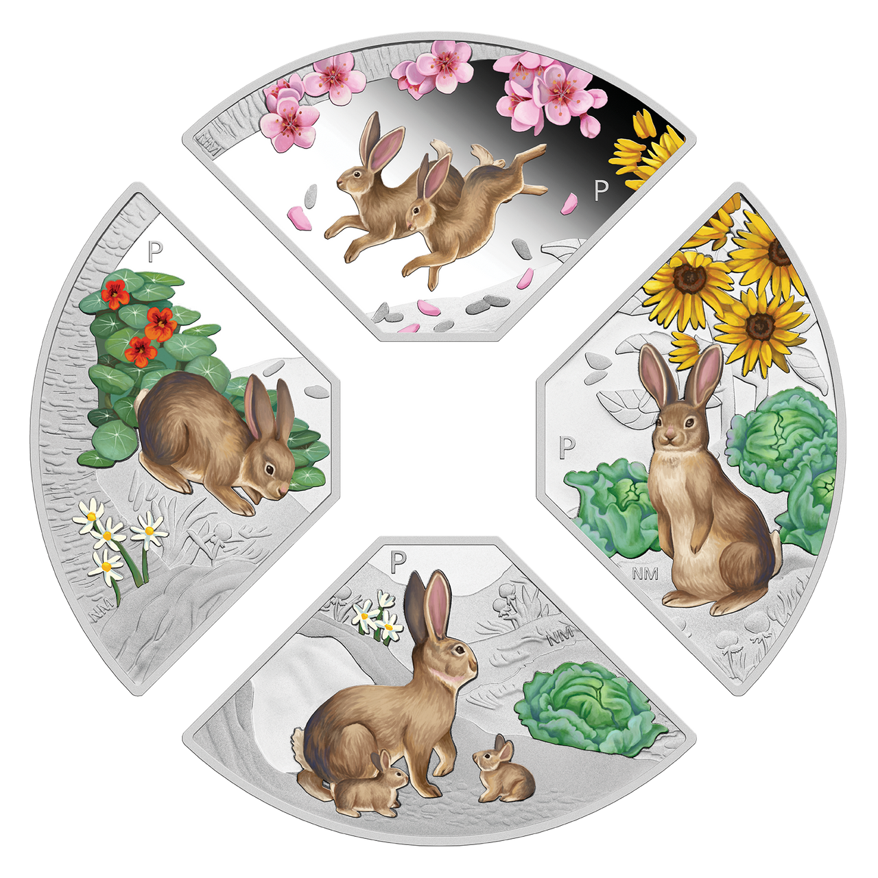 2023 Chinese Lunar Rabbit Quadrant 1 oz 99.99% Silver Proof Coloured 4 Coin Set