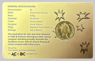Royal Australian Mint 1988 $2 JC Elder Carded Coin UNC - TAMPER PROOF SEALED CARDED COIN