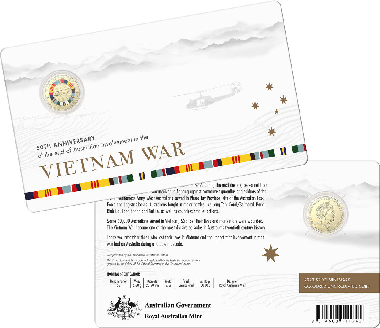 2023 $2 AlBr "C" Mintmark Coloured Uncirculated Coin 50th Anniversary End of Vietnam War